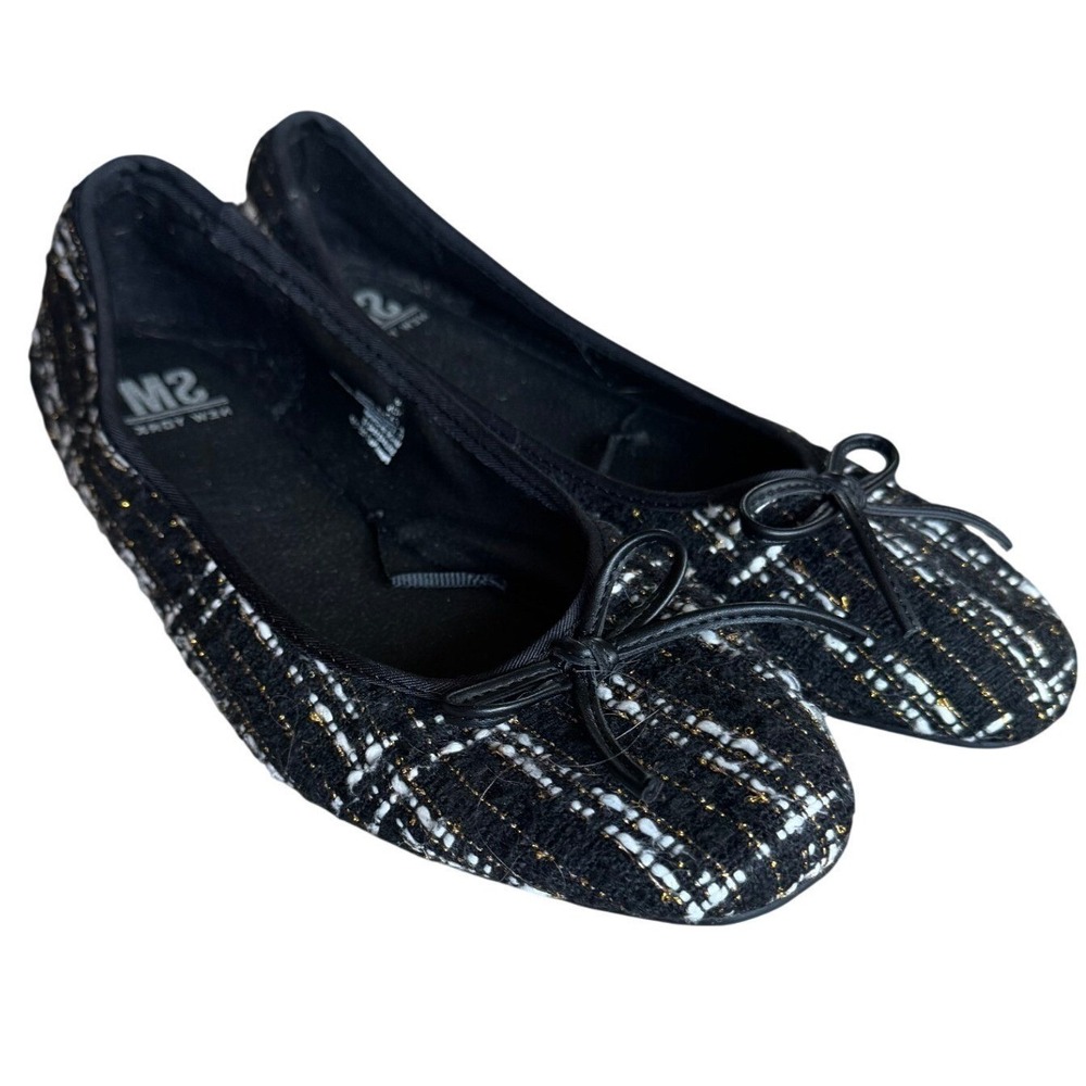 SM New York Zion Black White Gold Tweed Ballet Flats Bow Shoes Womens 11